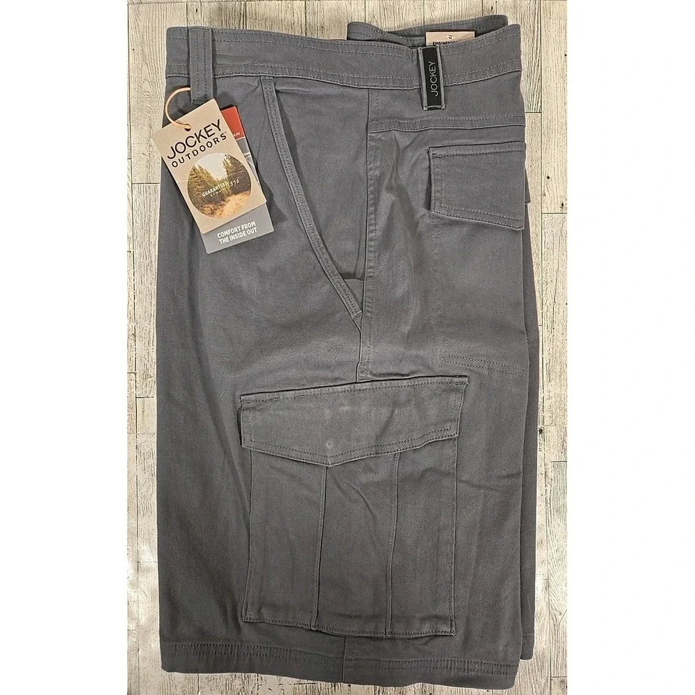 Jockey Rugged Cargo Shorts 42 Gray Turbodry Waistband 4-Way Stretch Pen Pocket